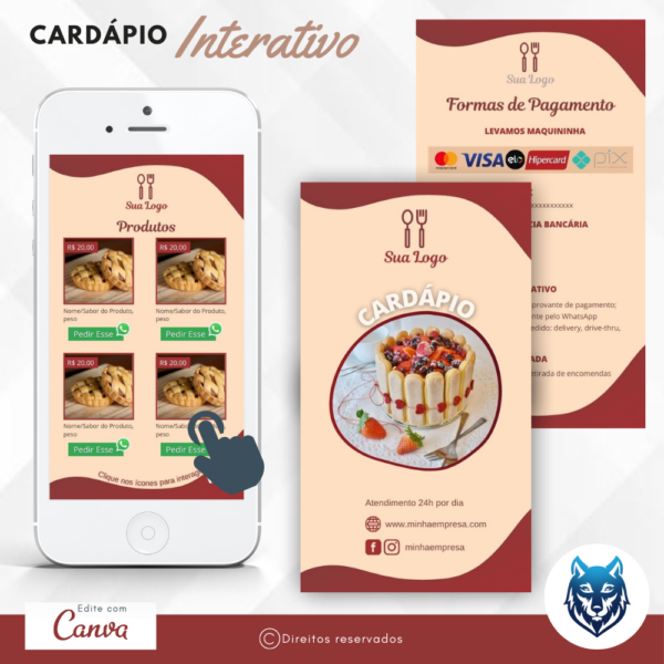 Cardápio Bege Claro e Vermelho Para Confeitarias, Doces e Bolos | Template Editável | Canva