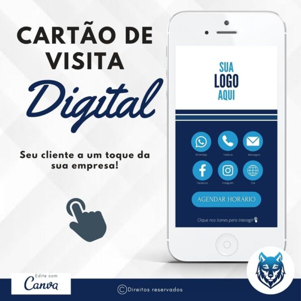 Cartão de Visitas Digital Interativo Azul Escuros Com Ícones em Azul Claro | Template Editável | Canva