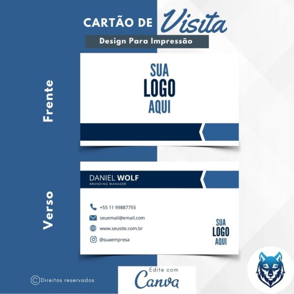 Design p/ Cartão de Visitas Branco Com Detalhes Azul | Template Editável | Canva