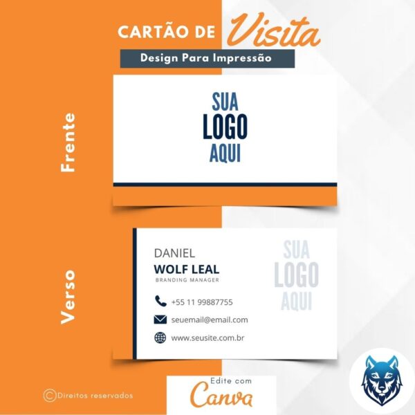 Design p/ Cartão de Visitas Branco Com Detalhes Laranja | Template Editável | Canva