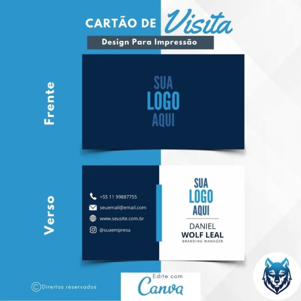 Design p/ Cartão de Visitas Azul Escuro e Detalhes Claro | Template Editável | Canva