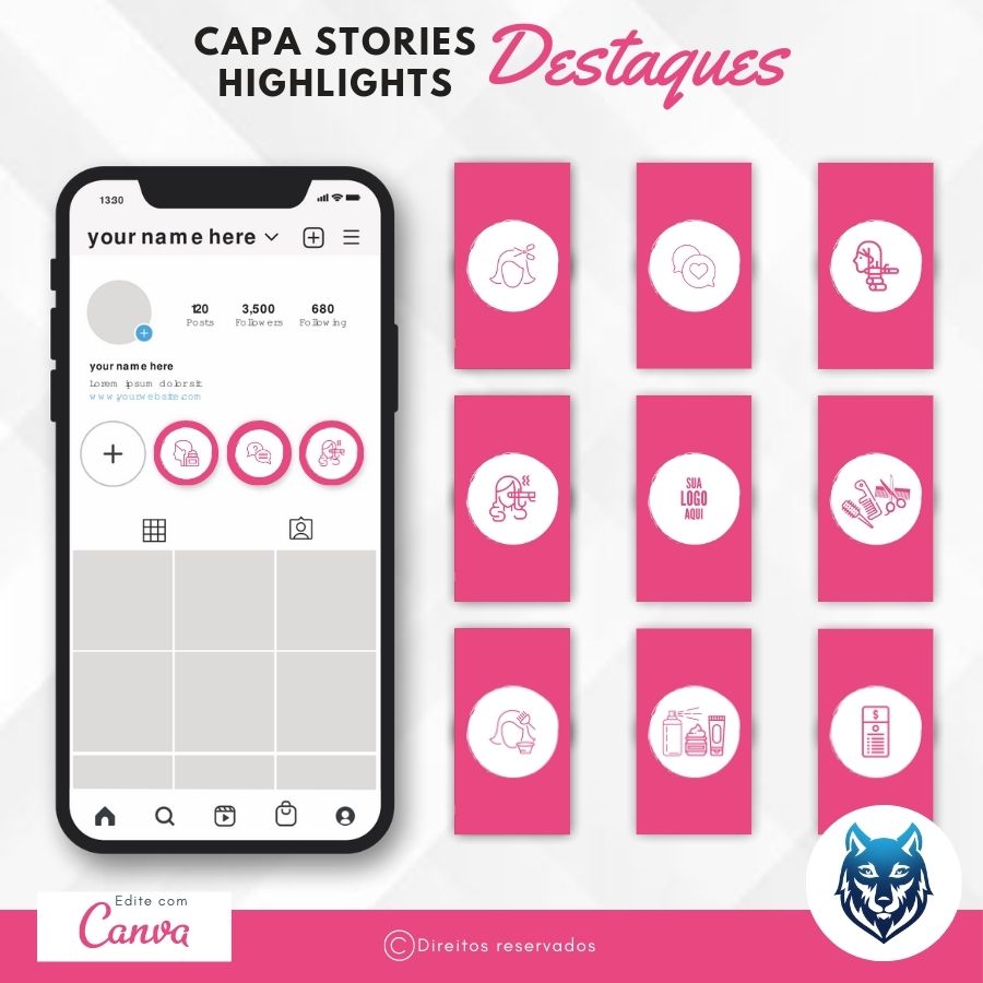 Design Destaque Highlights Stories P/ Salão de Cabeleireiras Rosa | Template Editável | Canva