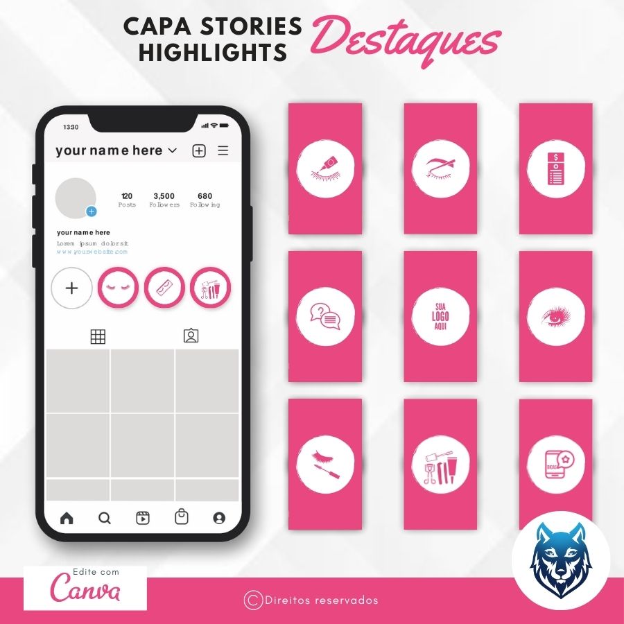 Design Destaque Highlights Stories P/ Espaço ou Ateliê de Extensão de Cílios Rosa | Template Editável | Canva