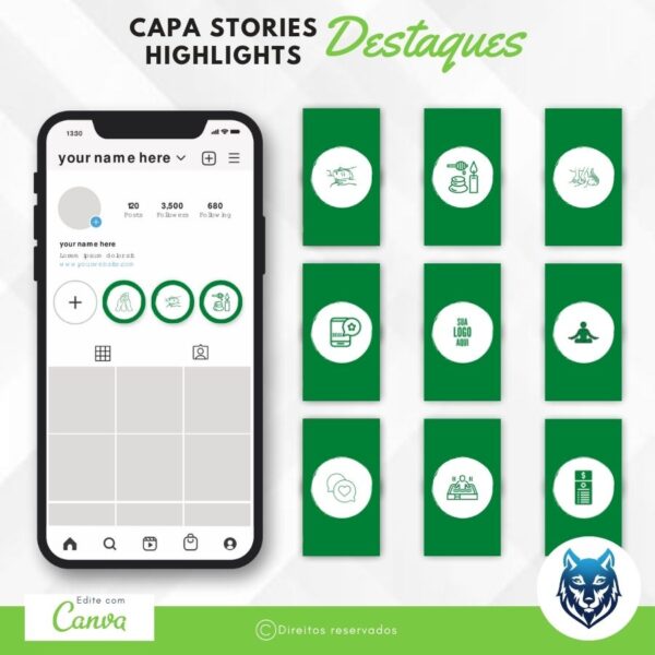 Design Destaque Highlights Stories P/ Spas e Estúdios de Relaxamento Verde | Template Editável | Canva