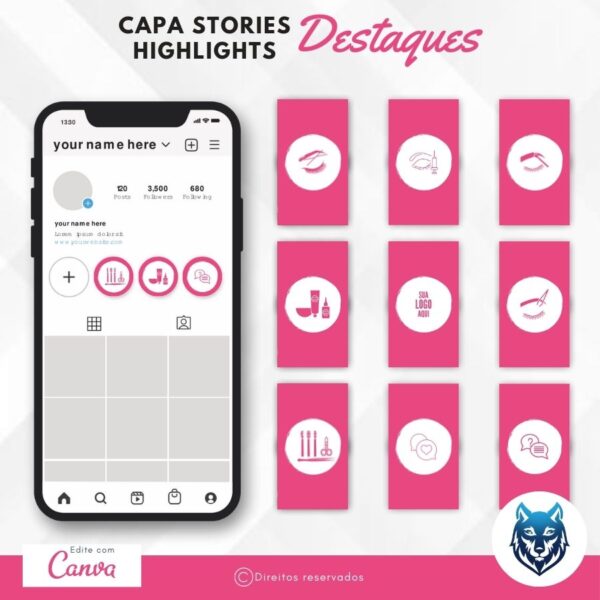 Design Destaque Highlights Stories P/ Salões e Estúdios de Sobrancelhas Rosas | Template Editável | Canva