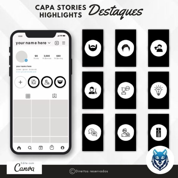 Design Destaque Highlights Stories P/ Salão de Cabeleireiro e Barbearias Preto | Template Editável | Canva