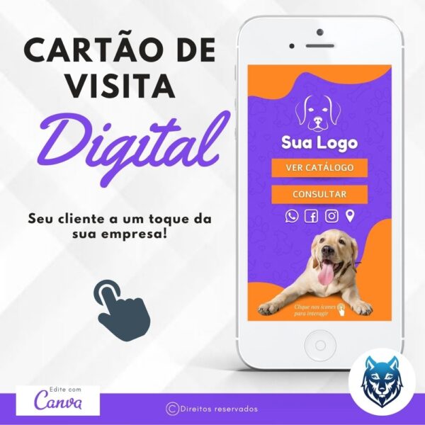 Cartão de Visitas Digital Interativo Laranja e Roxo Pet Shops | Template Editável | Canva