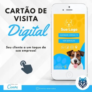 Cartão de Visitas Digital Interativo Azul e Amarelo Para Pet Shops | Template Editável | Canva