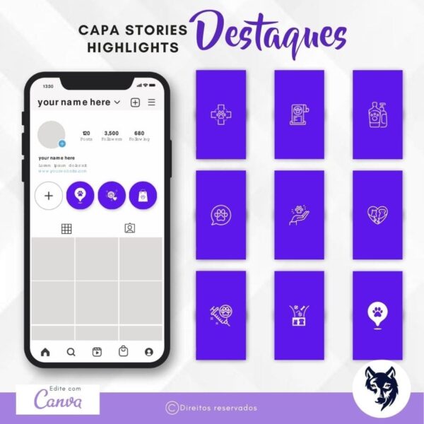 Design Destaque Highlights Stories P/ Pet Shops Azul | Template Editável | Canva