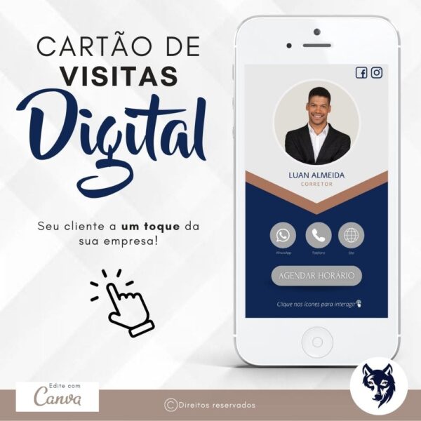 Cartão de Visitas Digital Interativo | Imobiliárias e Corretores de Imóveis | Cores Azul e Marrom Camurça | Template Editável | Canva