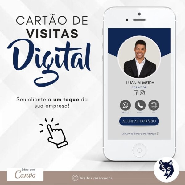 Cartão de Visitas Digital Interativo | Imobiliárias e Corretores de Imóveis | Cores Azul e Cinza | Template Editável | Canva