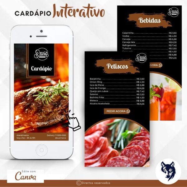 Cardápio Digital | Churrascaria, Petiscarias e Hamburguerias | Preto e Marrom | Steak Pro | Template Editável | Canva