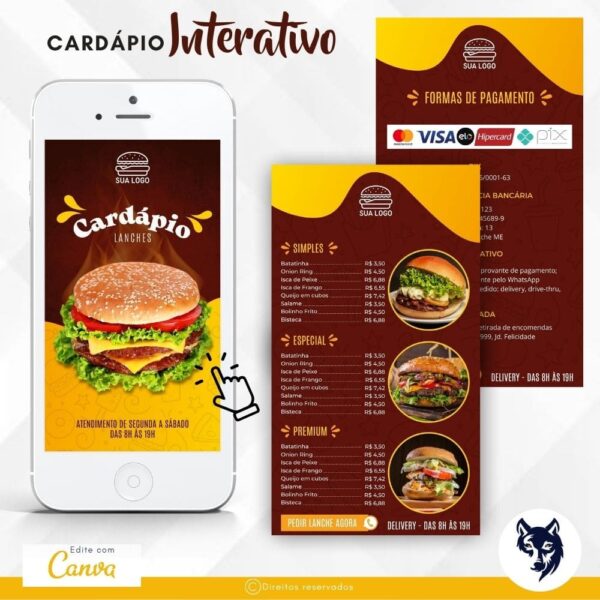 Cardápio Digital | Lanchonetes | Lanche Pro | Lanches, Porções, Bebidas e Sobremesas | Template Editável | Canva