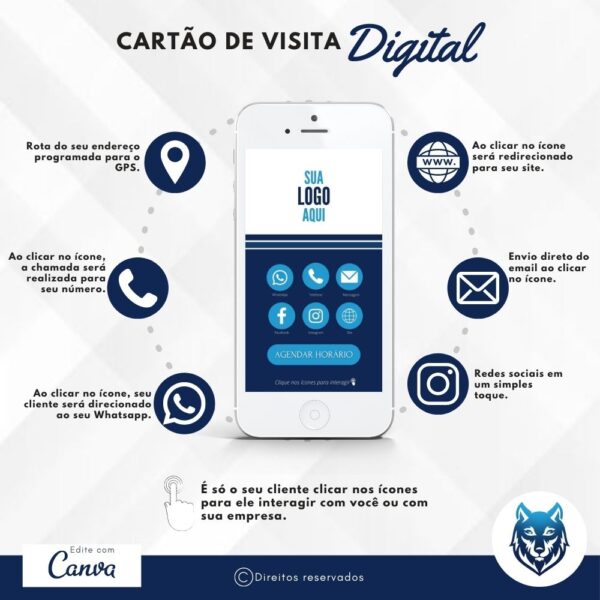 Cartão de Visitas Digital Interativo Azul Escuros Com Ícones em Azul Claro | Template Editável | Canva