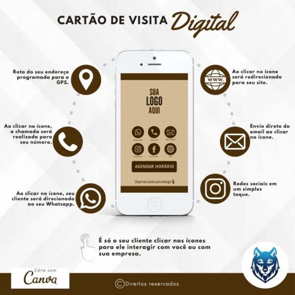 Cartão de Visitas Digital Interativo Marrom Claro com Detalhes Escuros | Template Editável | Canva