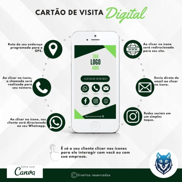 Cartão de Visitas Digital Interativo Verde Escuro e Verde Claro | Template Editável | Canva