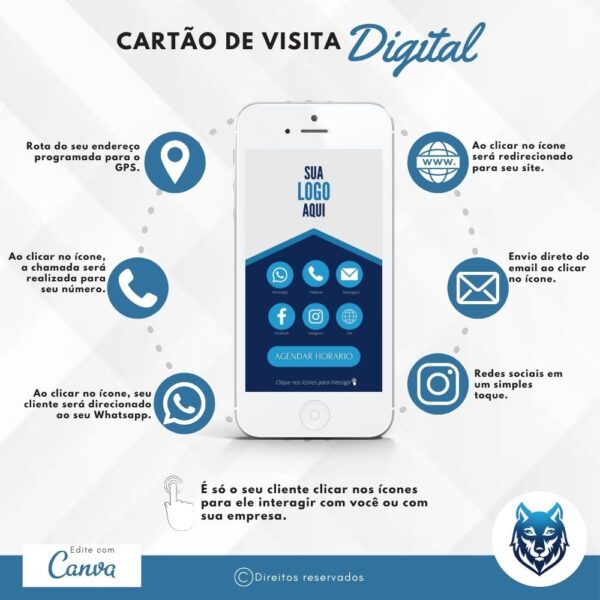 Cartão de Visitas Digital Interativo Azul Escuro e Azul Claro | Template Editável | Canva