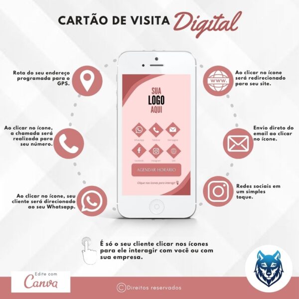 Cartão de Visitas Digital Interativo Rosa Claro e Detalhes Ondulados em Dourado | Template Editável | Canva