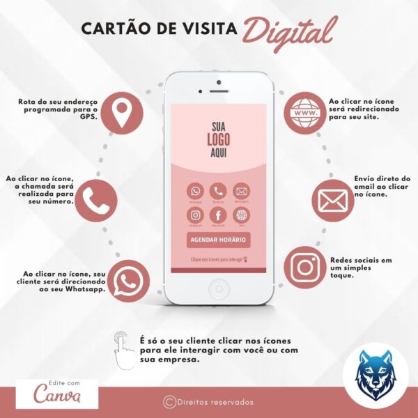 Cartão de Visitas Digital Interativo Rosa Escuro e Claro | Template Editável | Canva