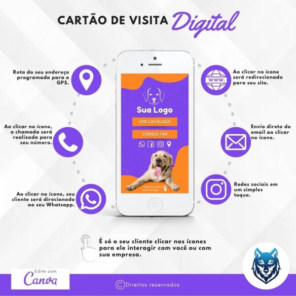 Cartão de Visitas Digital Interativo Laranja e Roxo Pet Shops | Template Editável | Canva