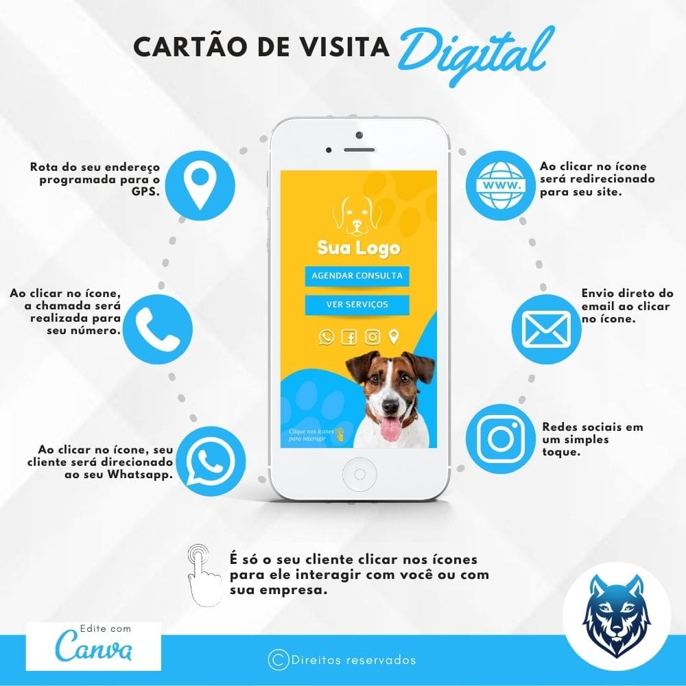 Cartão de Visitas Digital Interativo Azul e Amarelo Para Pet Shops | Template Editável | Canva