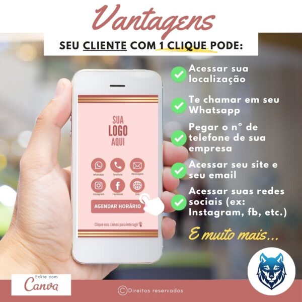 Cartão de Visitas Digital Interativo Rosa Claro e Detalhes em Dourado | Template Editável | Canva