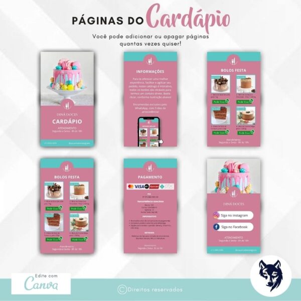 Cardápio Digital | Docerias e Confeitarias | Diná Doces | Rosa e Azul Claro | Template Editável | Canva