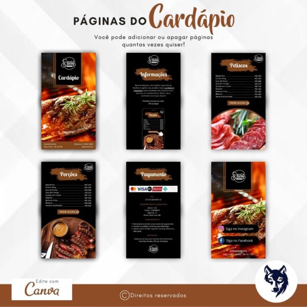 Cardápio Digital | Churrascaria, Petiscarias e Hamburguerias | Preto e Marrom | Steak Pro | Template Editável | Canva