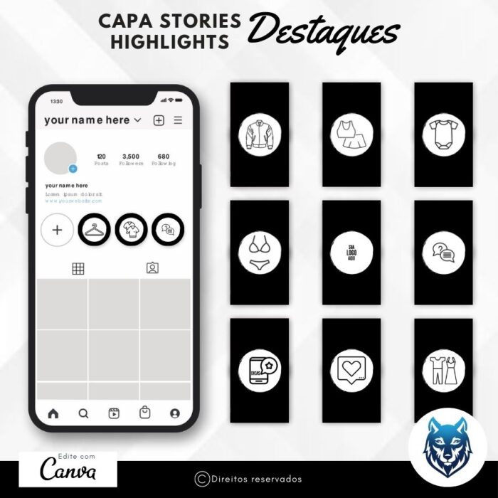 Design Destaque Highlights Stories P/ Lojas de Roupas e Acessórios Preto | Template Editável | Canva