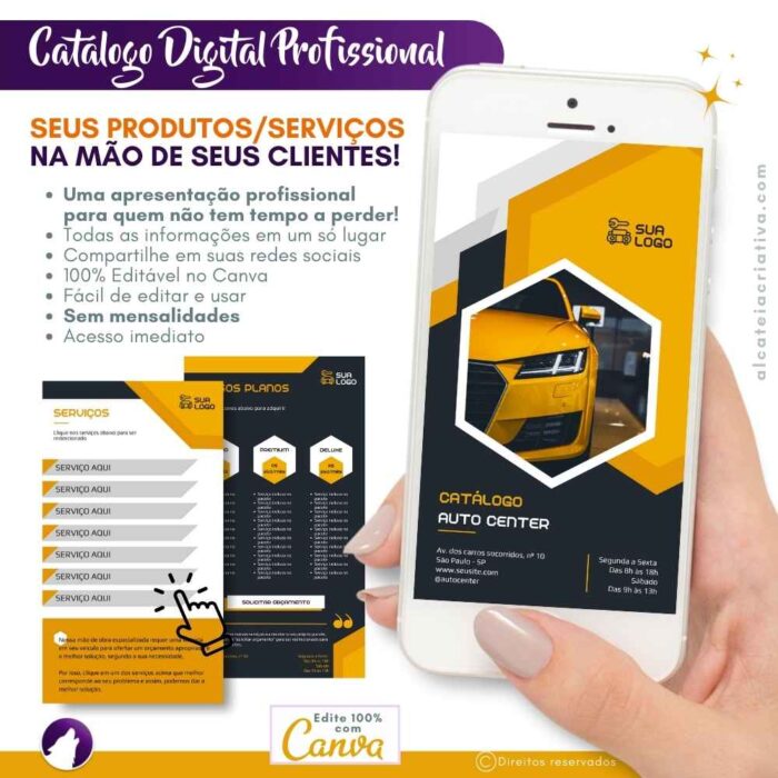 Catálogo Digital | Auto Center, Mecânica, Revendedor de Peças e Acessórios Automotivo | Amarelo e Cinza | Template Editável | Canva