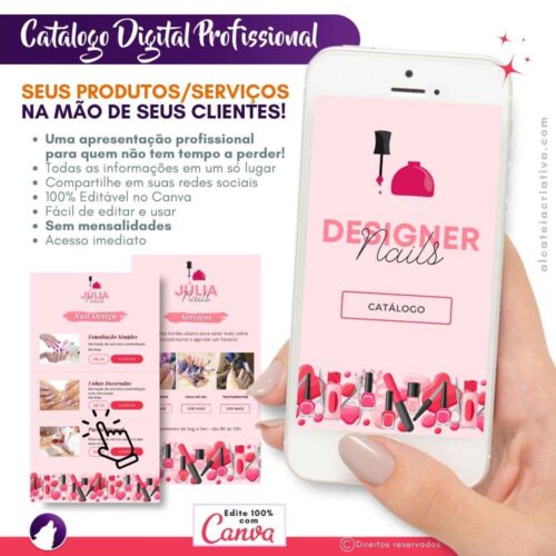 Catálogo digital interativo | Agendamento Manicure| Template Canva | Catálogo Exclusivo Rosa | Catálogo de Serviços Nail Designer, Unhas em Gel