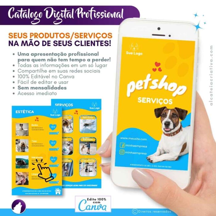 Catálogo digital interativo | Pet Shop Patinhas Feliz | Template Canva | Catálogo Exclusivo  | Catálogo de Serviços para Pet Shop