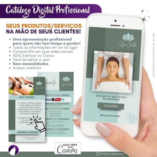 Catálogo digital interativo | Receba contatos no Whatsapp | Template Canva | Catálogo Exclusivo para seu negócio  | Catálogo de Serviços de bem-estar, relaxamento, Spa, Massagem