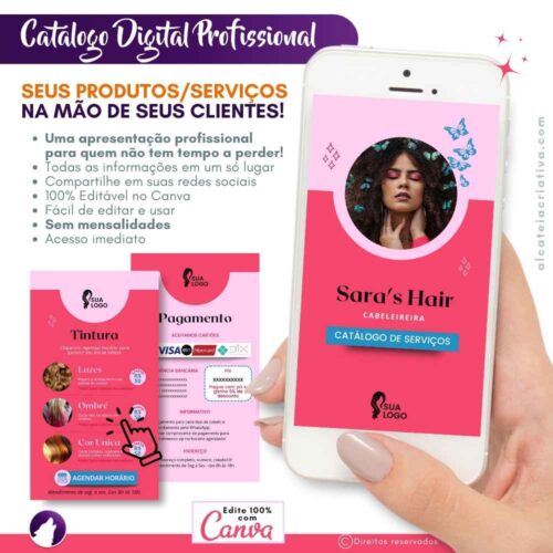 Catálogo Digital | Salão de Beleza | Cabeleireira Serviços de Corte e Tintura Hidratação | Cor Rosa Iluminado | Template Editável Canva