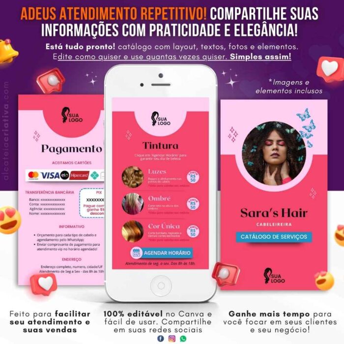 Catálogo Digital | Salão de Beleza | Cabeleireira Serviços de Corte e Tintura Hidratação | Cor Rosa Iluminado | Template Editável Canva - Image 2