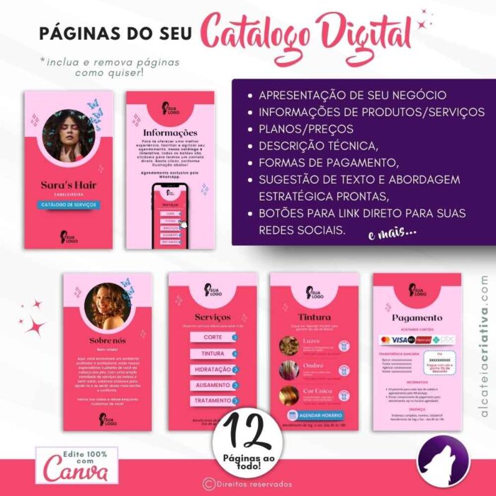Catálogo Digital | Salão de Beleza | Cabeleireira Serviços de Corte e Tintura Hidratação | Cor Rosa Iluminado | Template Editável Canva - Image 3