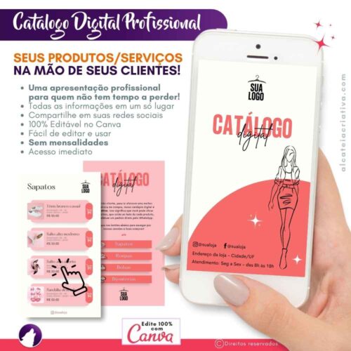 Catálogo Digital Rosa Fashion | Modelo Lojinha | Design Clean | Com Menus e Seções | Template Editável | Canva