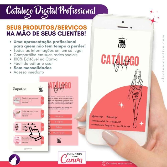 Catálogo Digital Rosa Fashion | Modelo Lojinha | Design Clean | Com Menus e Seções | Template Editável | Canva
