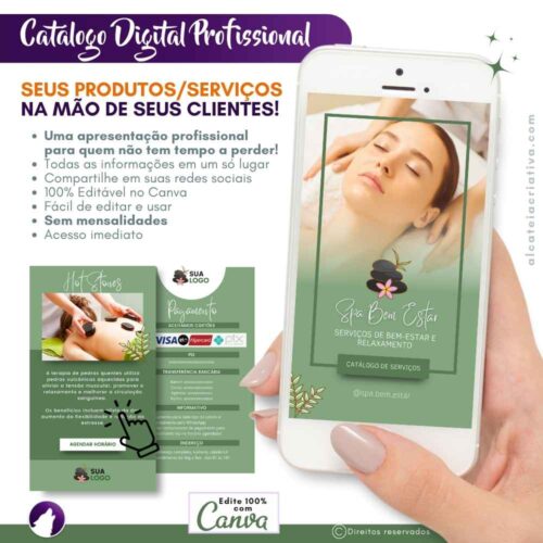 Catálogo Digital | Spa Bem-estar | Serviços de bem-estar e relaxamento | Cor Verde | Template Editável Canva