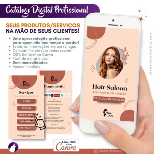 Catálogo Digital | Salão Hair Saloon | Cabeleireira Serviços de Corte e Tintura | Cor Rosa Rosé | Template Editável Canva