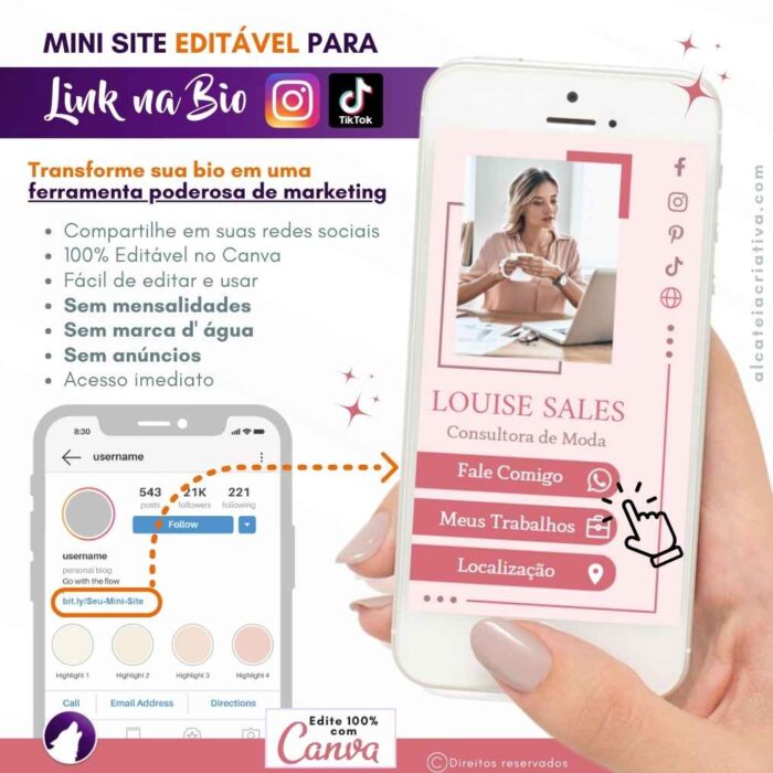 Mini Site Editável Para Link Na Bio | Instagram | TikTok | Template Editável Canva | Link Na Bio para Consultoras de Modas, Visagismo, Fashion Consultant