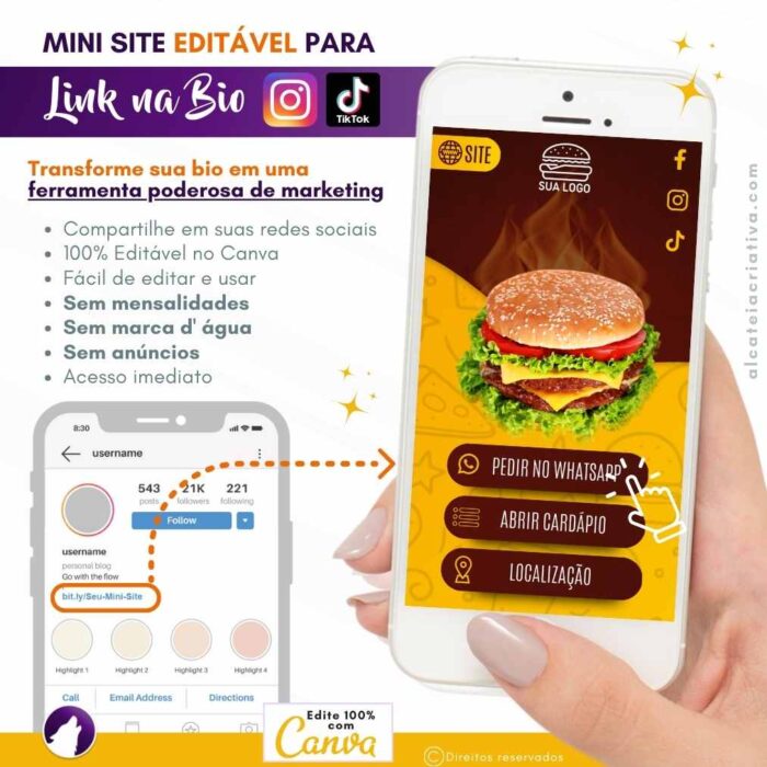 Mini Site Editável Para Link Na Bio | Instagram | TikTok | Template Editável Canva | Link Na Bio para Lanchonete e Delivery