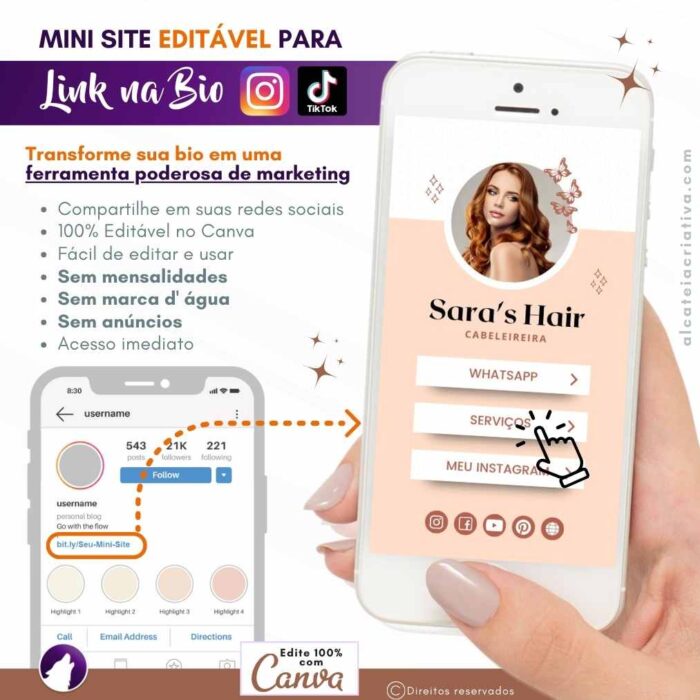 Mini Site Editável Para Link Na Bio | Instagram | TikTok | Template Editável Canva | Link Na Bio para Salão de Beleza, Cabeleireiras
