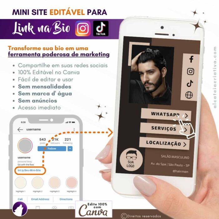 Mini Site Editável Para Link Na Bio | Instagram | TikTok | Template Editável Canva | Link Na Bio para Salão Masculino, Cabeleireiros e Barbearia | Hair Men