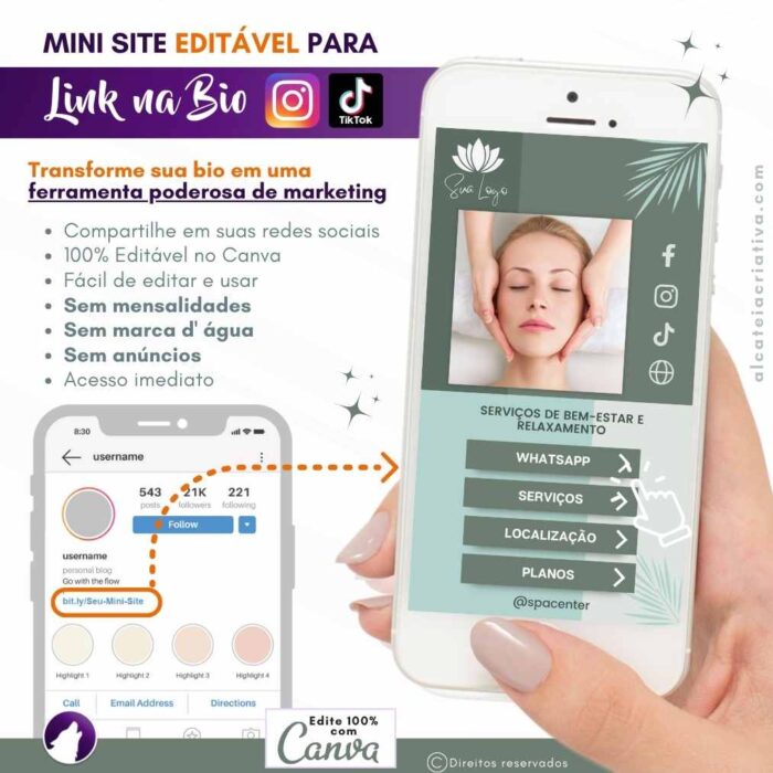 Mini Site Editável Para Link Na Bio | Instagram | TikTok | Template Editável Canva | Link Na Bio para Spa, Casa de Relaxamento, Estética