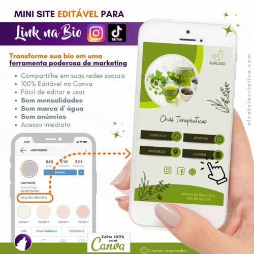 Mini-site editável Para Link Na Bio Para Chás Terapêuticos Produtos Naturais Medicinais| Instagram, TikTok | Template Editável Moderno | Canva
