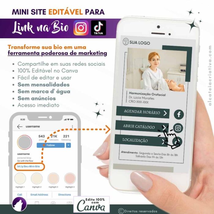Mini-site editável Para Link Na Bio Para Consultórios de Harmonização orofacial | Dentista | Verde e Cinza | Instagram, Tik Tok | Template Editável | Canva