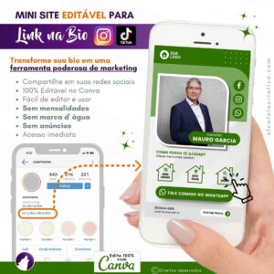 Mini-site editável Para Link Na Bio Para Corretor Imobiliário, Consultor de Imóveis, Imobiliárias | Instagram, TikTok | Design Criativo Gradiente Verde | Template Editável | Canva