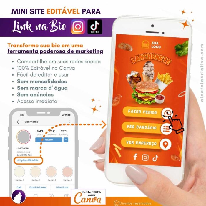 Mini-site editável Para Link Na Bio Para Lanchonetes, FoodTruck, Lanches | Instagram, TikTok | Design Criativo | Template Editável | Canva