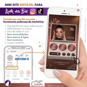 Mini-site editável Para Link Na Bio Para Maquiadora, Beauty Concept, Studio de Beleza | Instagram, TikTok | Design Criativo Gradiente Rosé | Luxo Rosé Gold | Template Editável | Canva